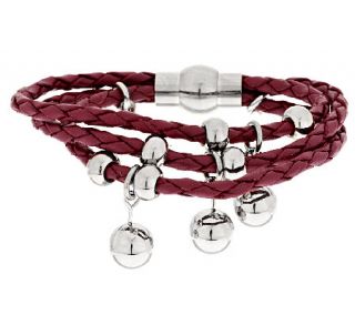 Stainless Steel Polished Bead Multi Strand Braided Leather Bracelet —