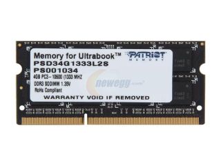 Patriot Signature 4GB 204 Pin DDR3 SO DIMM DDR3L 1333 (PC3L 10600) Laptop Memory for Ultrabook Model PSD34G1333L2S