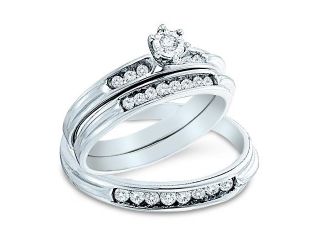 14k White Gold Trio 3 Three Ring Matching Engagement Wedding Ring Band Set   Round Diamonds   Solitaire Center Setting w/ Side Stones (2/5 cttw, H Color, I1 Clarity)