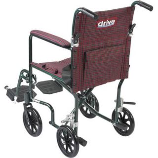 Drive Medical Flyweight Lightweight Folding Transport Wheelchair, 17", Green Frame, Burgundy Upholstery