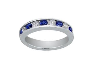 1.00 Ct Round Cut Diamond And Blue Sapphire Wedding Band Ring in 18 kt White Gold