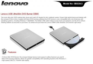 Lenovo DB80 USB UltraSlim DVD Burner   9.5mm Drive, Aluminum Cover, GRAY    0B92643