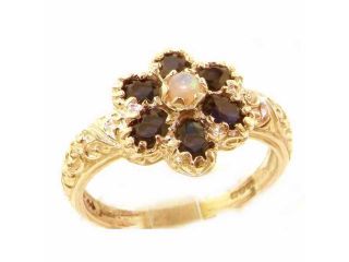 Solid English Yellow 9K Gold Fiery Opal & Sapphire Women Art Nouveau Flower Ring   Size 6   Finger Sizes 5 to 12 Available
