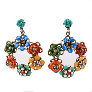 Sweet Romance Bronzetone Faux Pearl and Enamel Flower Wreath Earrings