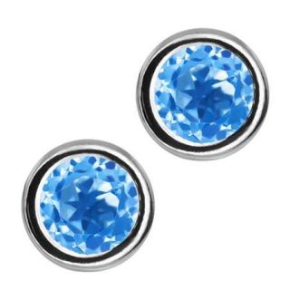 1.20 Ct Round Swiss Blue Topaz Sterling Silver bezel Stud Earrings 5mm