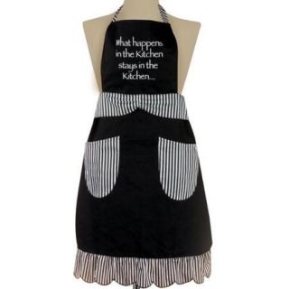 24" Embroidered "What Happens in the Kitchen" Chefs Apron with Black Stripe Trim