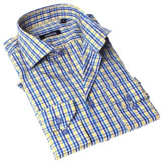 Georges Rech Mens Blue and Yellow Plaid Button up Dress Shirt