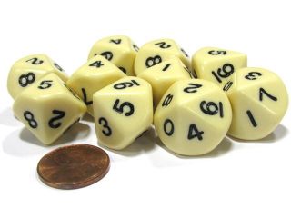 Set of 10 D10 10 Sided 16mm Opaque Dice   Ivory with Black Numbers