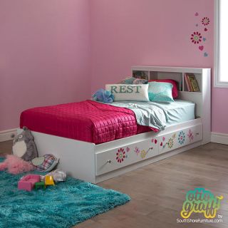 South Shore Joy Twin Mates Bed 2 Drawers & Flowers Ottograff Wall Decals Set   Pure White    South Shore Furniture