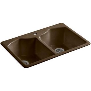 KOHLER Bellegrove Top Mount Cast Iron 33 in. 1 Hole Double Bowl Kitchen Sink with Accessories in Black 'n Tan K 6482 1A4 KA