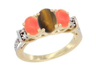 14K Yellow Gold Natural Tiger Eye & Coral Ring 3 Stone Oval Diamond Accent