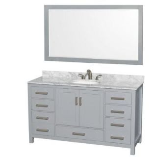 Wyndham Collection Sheffield 60 in. W x 22 in. D Vanity in Gray with Marble Vanity Top in Carrara White with White Basin and 58 in. Mirror WCS141460SGYCMUNOM58