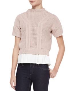 Rebecca Taylor Short Sleeve Mock Neck Cropped Sweater, Bubble Pink