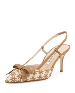 Manolo Blahnik Galop Mod Floral Raffia Slingback Pump, Taupe