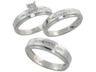 10k White Gold Diamond Trio Engagement Wedding Ring 3 piece Set for Him and Her 6 mm & 5 mm wide 0.11 cttw Brilliant Cut, ladies sizes 5 û 10, mens sizes 8   14