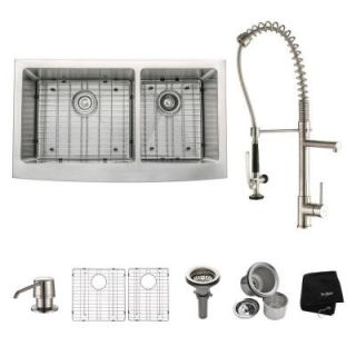 KRAUS All in One Farmhouse Apron Front Stainless Steel 35.9 in. Double Bowl Kitchen Sink and Faucet Set KHF203 36 KPF1602 KSD30SS