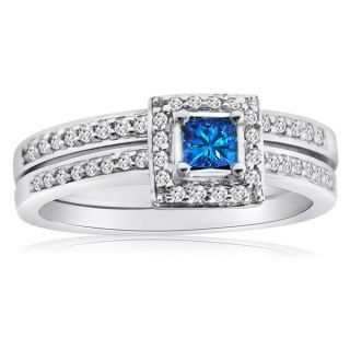10k Gold 1/2ct TDW Blue and White Diamond Halo Bridal Ring Set (H I