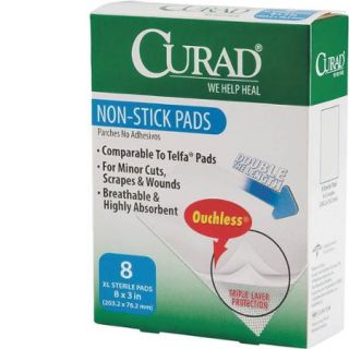 Curad Ouchless Non Stick Sterile Pads, 8" x, 3", 8ct