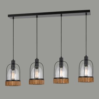 Wood and Glass Industrial 4 Light Pendant Lamp