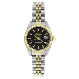 Pre owned Rolex Womens 69173 Datejust Two Tone Black Stick Watch