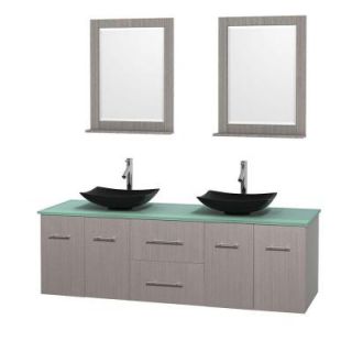 Wyndham Collection Centra 72 in. Double Vanity in Gray Oak with Glass Vanity Top in Green, Black Granite Sinks and 24 in. Mirrors WCVW00972DGOGGGS4M24