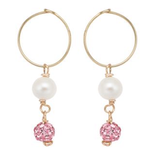Pearlyta 14k Gold Freshwater Pearl and Pink Crystal Hoop Earrings with