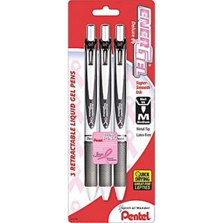 Pentel EnerGel Deluxe Pink Ribbon Retractable Gel Ink Pens, Medium Point, Black Barrel, 3/Pack