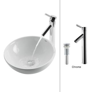 Kraus White Ceramic Chrome Vessel Round Bathroom Sink with Faucet (Drain Included)