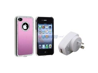 Insten Bling Diamond Pink Plastic Cover Case + Home Charger Compatible With iPhone 4 4G 4S