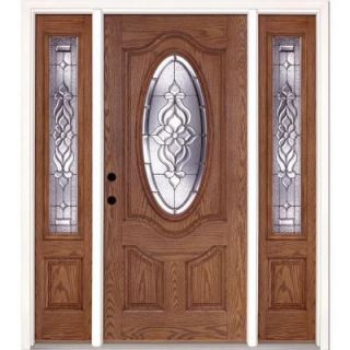 Feather River Doors 63.5 in. x 81.625 in. Lakewood Zinc 3/4 Oval Lite Stained Light Oak Fiberglass Prehung Front Door with Sidelites 722305 3A3