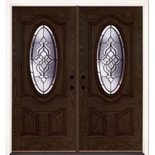 Feather River Doors 74 in. x 81.625 in. Lakewood Patina 3/4 Oval Lite Stained Walnut Oak Fiberglass Double Prehung Front Door 723990 400
