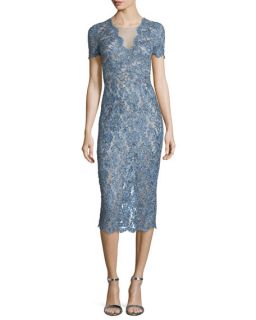 Jenny Packham Short Sleeve Lace Midi Cocktail Dress, Denim Blue