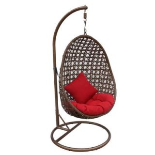 JLIP Brown Rattan Patio Swing Chair with Stand and Red Cushions S1682 1 A2