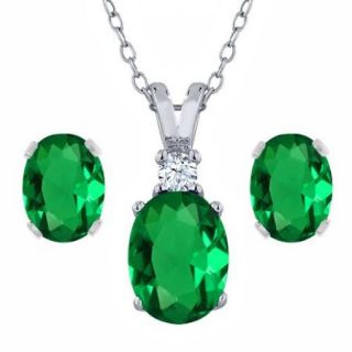 2.40 Ct Oval Green Simulated Emerald 925 Sterling Silver Pendant Earrings Set