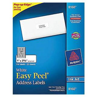 Avery 1 x 2 5/8 Inkjet Address Labels with Easy Peel, White, 750/Box (8160)