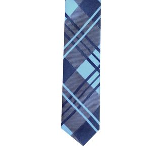 Skinny Tie Madness Mens Blue Plaid Patterned Skinny Tie  
