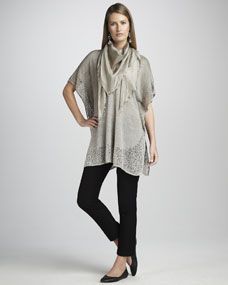 Eileen Fisher Cutout Trim Tunic, Beaded Silk Scarf & Washable Crepe Slim Ankle Pants, Womens