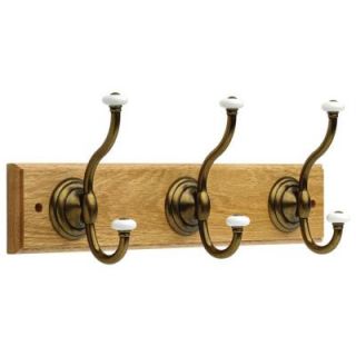 Liberty 18 in. Oak and Antique Brass Coat and Hat Hook Rack 131324