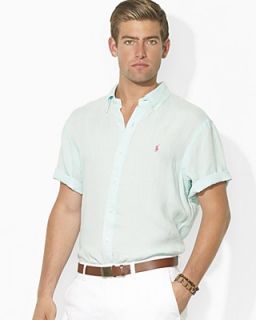 Polo Ralph Lauren Custom Short Sleeved Solid Linen Button Down Shirt   Slim Fit