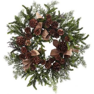 Nearly Natural 24" Pine and Pine Cone Wreath with Burlap Bows