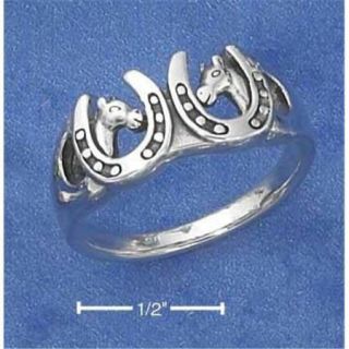 Sterling Silver Double Horse Heads In Horseshoes Ring   Nickel Free   Size 8