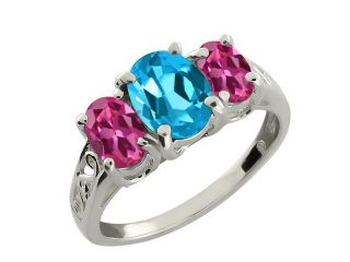 2.50 Ct Oval Swiss Blue Topaz and Pink Tourmaline Sterling Silver Ring