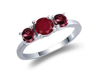 1.30 Ct Round Red Ruby Red Rhodolite Garnet 18K White Gold 3 Stone Ring