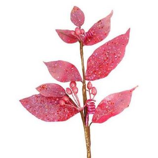 25" Hot Pink Mica Glitter & Sequin Laurel Leaf Christmas Spray