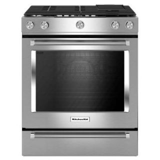 KitchenAid 30 in. 7.1 cu. ft. Slide In Dual Fuel Range with AquaLift Self Cleaning True Convection Oven in Stainless Steel KSDB900ESS