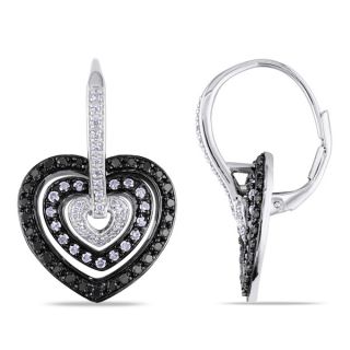 Miadora Sterling Silver 1ct TDW Black and White Diamond Heart Earrings