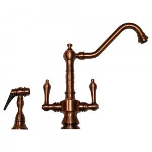 Whitehaus WHKSDTLV3 8201 ACO Vintage III dual handle faucet with long traditional swivel spout, lever handles and solid brass side spray   Antique Copper