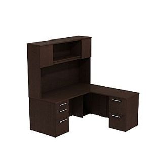 Bush Business 300 Series 66W x 30D Desk in L Configuration with Pedestals and Wall Mount Hutch, Mocha Cherry