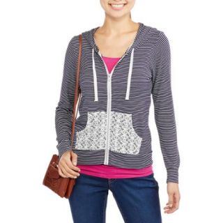 Miss Chievous Juniors Pin Stripe Zip Front Hoodie with Crochet Pocket