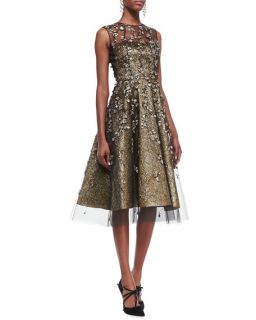 Oscar de la Renta Metallic Embroidered Overlay Dress